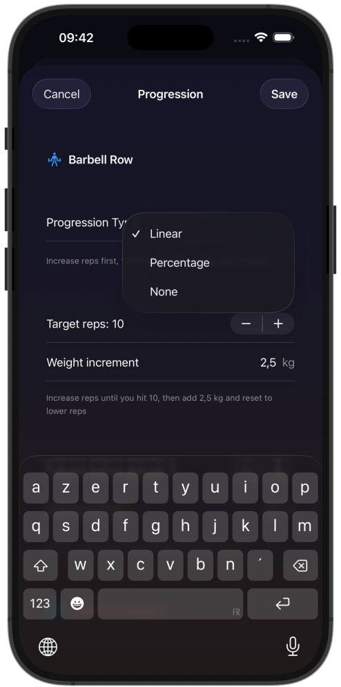 AddFive progression type picker showing available algorithms per exercise