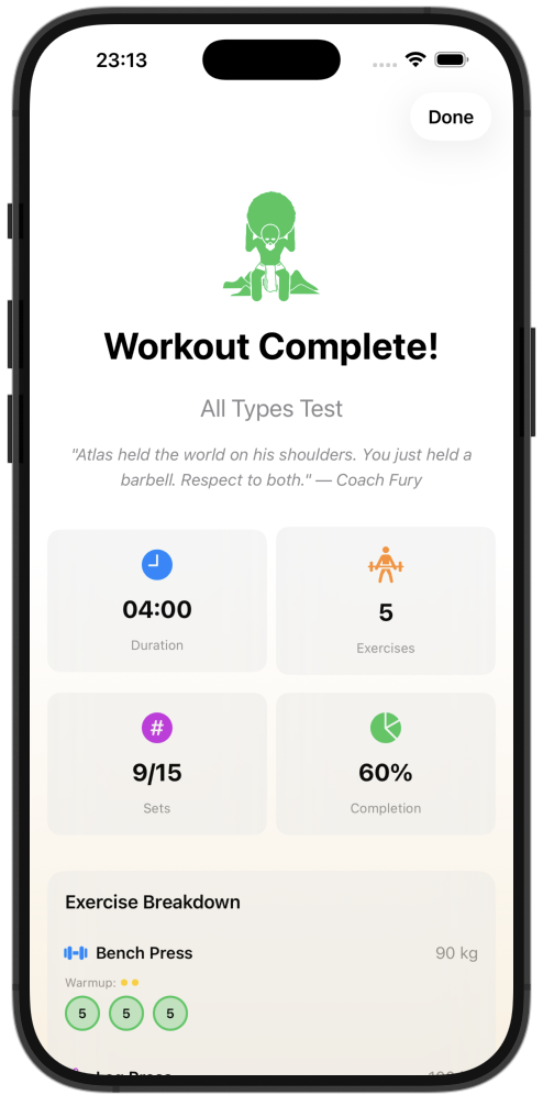 Workout complete summary