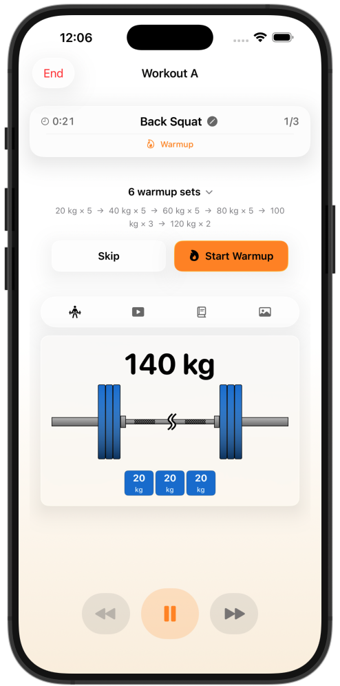 Smart warmup calculator with plate breakdown
