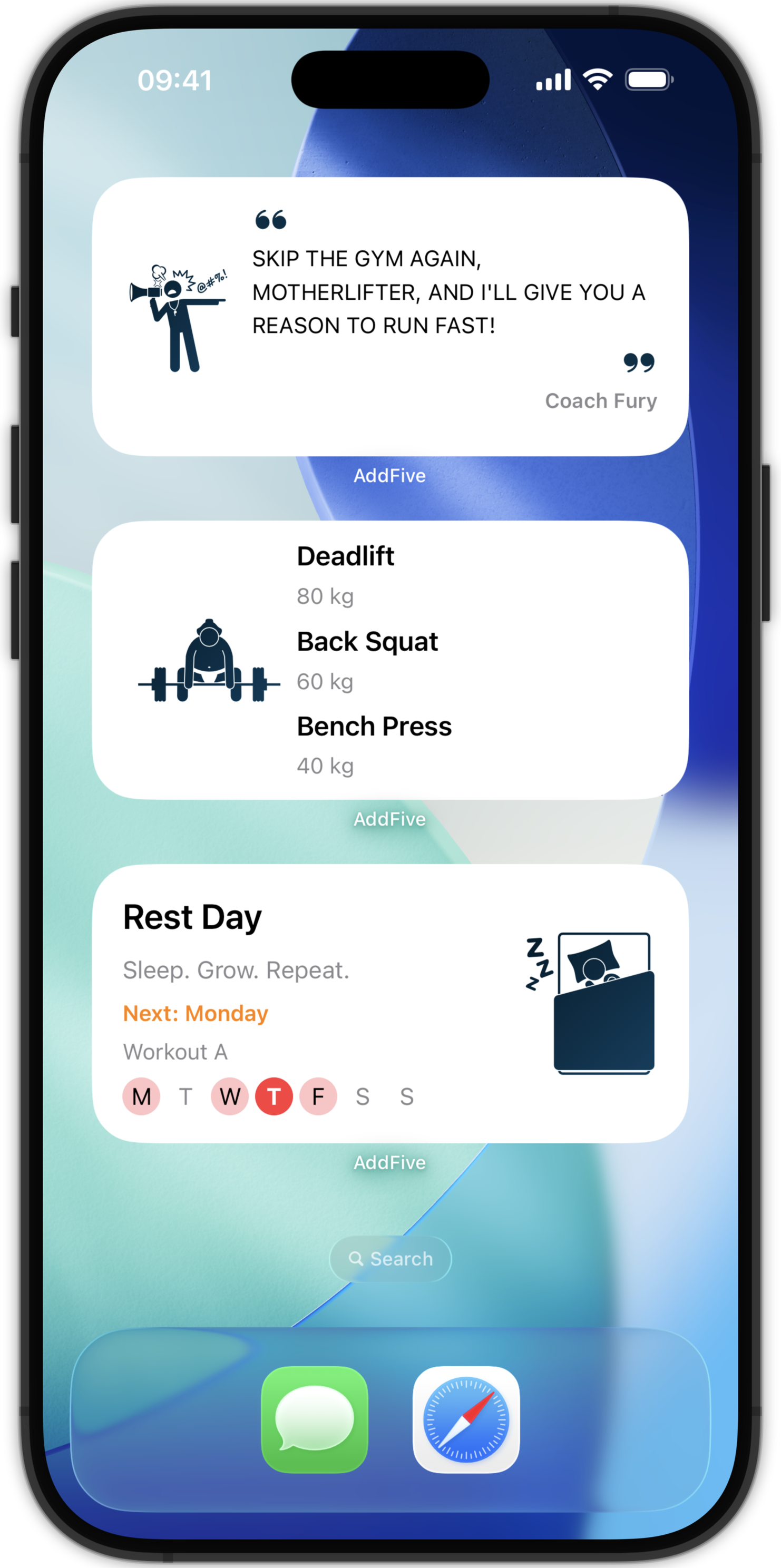 Home screen widgets showing coach quote, top lifts, and today's workout